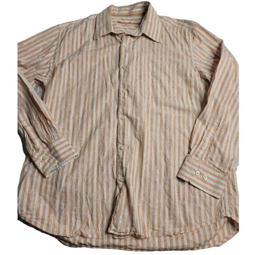 Tommy Bahama Striped Long Sleeve Button Down Men's Large Orange/White Beach